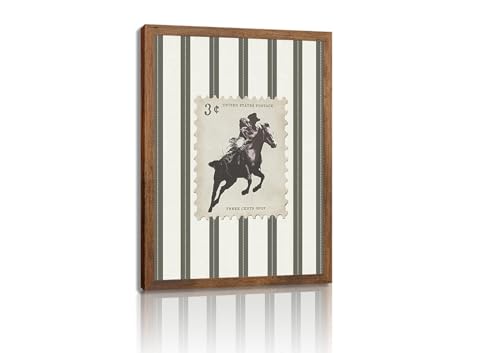 Vintage Western Cowboy Wall Art, Striped Rodeo Horse Postage Wall Decor Southwest Cowboy Poster Canvas Prints Retro Stamp Mid West Mid Century Artwork Aesthetic for Bedroom Living Room Home Decor 8x10 in Wood Framed - color: Green stamps, size: 10"L x 8"W