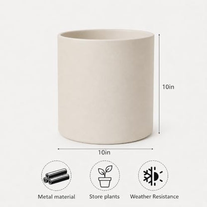 10 Inch Beige Metal Plant Pot with Drainage Hole, Indoor Outdoor - color: 10 Inch Beige