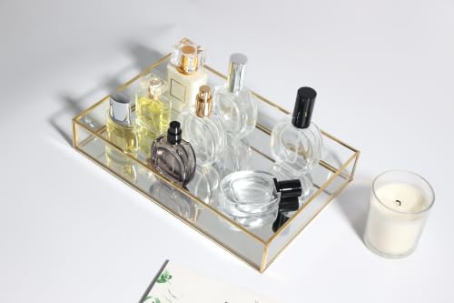 Feyarl Gold Glass Perfume Fragrance Tray Mirror Vanity Jewelry Trinket Magazine Photo Organizer Ornate Cosmetic Makeup Display Decorative Coffee Table Tray for Home Decor Dresser Tabletop （11.8” x 8"）