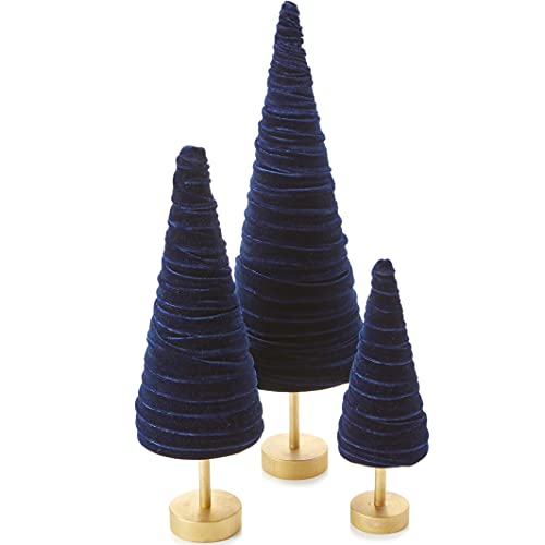 Navy Pedestal Velvet Trees Set of 3, Made in USA, Winter Modern Decor, Valentine Tabletop, Minimalist Gift, for Mantel, Wedding Centerpiece (Navy) - color: Navy