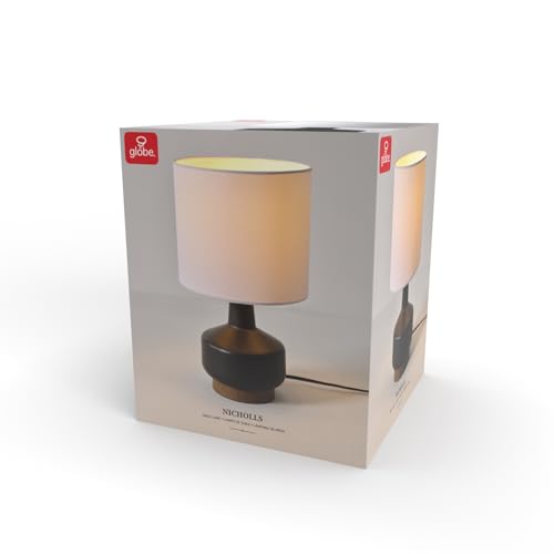 Globe Electric 15" Ceramic Table Lamp, Matte Black Base, Wood-Toned Accent, White Linen Shade, Dual Rotary Switch, Modern Bedroom or Office Lighting, 61000046 - color: Black