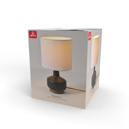 Globe Electric 15" Ceramic Table Lamp, Matte Black Base, Wood-Toned Accent, White Linen Shade, Dual Rotary Switch, Modern Bedroom or Office Lighting, 61000046 - color: Black