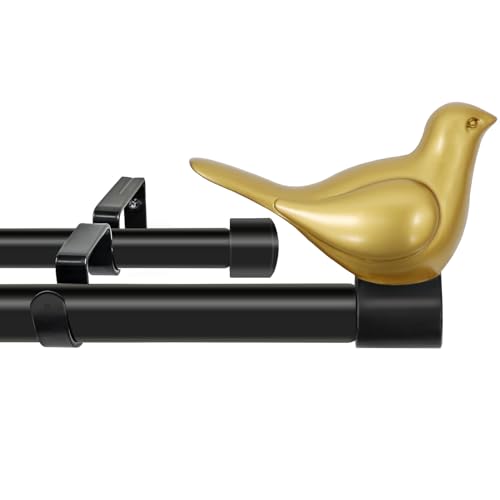 3/4" Diameter Farmhouse Double Window Treatment Curtain Rod, Gold Bird Finials (84"-120", Black Rod) - color: Black with Gold Finial, size: 84"-120"
