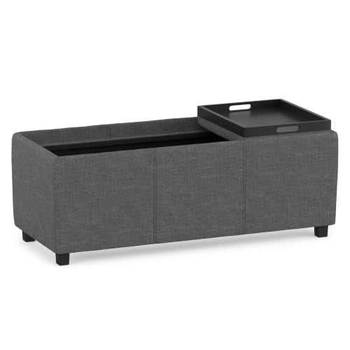 SIMPLIHOME Avalon 42" Wide Linen Look Fabric Storage Ottoman in Slate Grey - color: Slate Grey