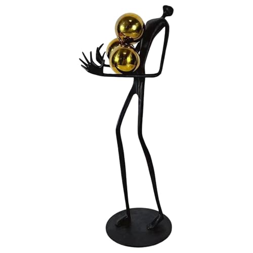 Modern Abstract Cast Iron Sculpture with Golden Spheres – 16.2 in Tall Handmade Minimalist Figurine Art for Home Office Decor, Industrial Desktop Ornament Gift (Black) - style: Holding the ball man