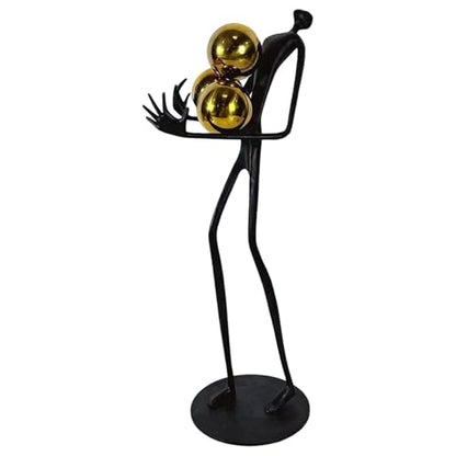 Modern Abstract Cast Iron Sculpture with Golden Spheres – 16.2 in Tall Handmade Minimalist Figurine Art for Home Office Decor, Industrial Desktop Ornament Gift (Black) - style: Holding the ball man