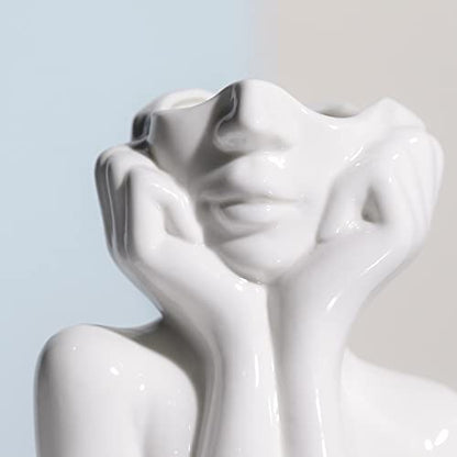 BrownLove Ceramic Face Vase White Flower Vase for Decor Female Form Face Vase Art Vase Modern Decorative Vase Centerpiece for Table Shelf Living Room Office Bedroom Small - style: Face Vase - Hands on Cheeks