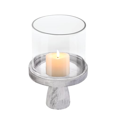 9" Wide Farmhouse Glass Hurricane Candle Holder & Glass Vase with Distressed White Sturdy Solid Wooden Base for Pillar & Flower Arrangement, Terrarium, Centerpiece, Console Table, Dining Table, Mantel - color: Rustic White, size: 9"x13.5"