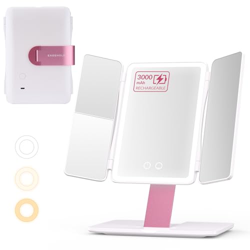 EASEHOLD Foldable Travel Tri fold Lighted Makeup Vanity Mirror with Lights - color: White-3000 Mah Rechargeable Trifold Foldable