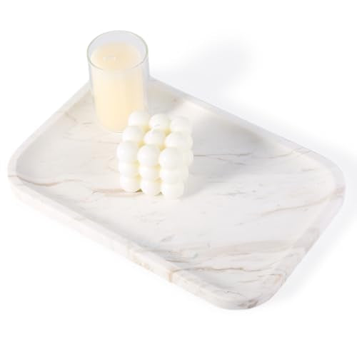 Karibiber Marble Vanity Tray, Marble Bathroom Tray Countertop, Decorative Trays for Dresser Organizer, White Stone Storage Serving Trays for Kitchen, Perfume, Jewelry Cathall Holder, Unique Veining - color: Greece-white