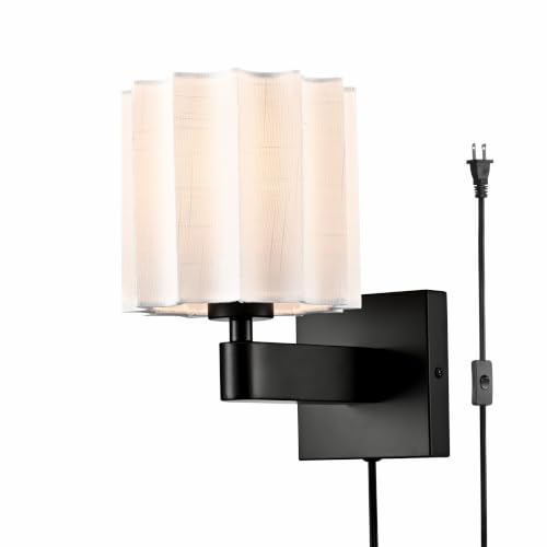 Plug in Black Wall Sconce Mid Century Modern Pleated Linen Shade - color: Black