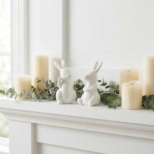 2Pcs Easter Bunny Figurines White Ceramic Rabbit Statues for Spring Home Decoration, Small Animal Sculpture for Tabletop Centerpiece, Cute Mini Holiday Party Shelf Ornaments