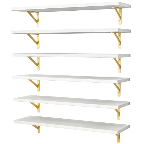 YGEOMER 23.6 in Floating Shelves for Wall Home Decor, Wood, White, Set of 6 - color: White, size: 23.6 x 6.1 x 0.59 inches