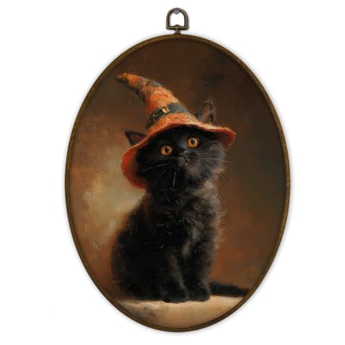Gnmduw Halloween Witch Black Cat Oval Wall Art Framed Decor, 8.7x11.3 In - color: witch black, size: 11.3"L x 8.7"W