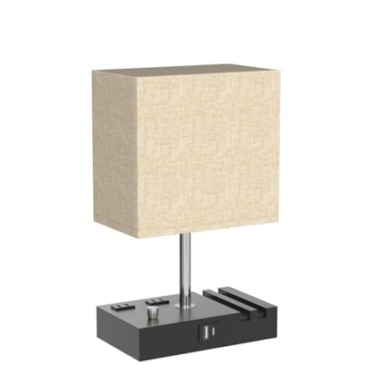 Beige Table Lamp for Bedroom - Stepless Dimmable, USB C+A, 2 AC Outlets - color: Beige with Knob Switch, size: 1 Pack