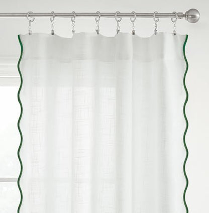 DriftAway Semi Sheer Scalloped Edge White Coastal Beach Window Curtains for Living Room Bedroom 2 Panels Rod Pocket Each Size 52 Inch by 63 Inch Loden Green - color: White Loden Green, size: 52"W x 63"L (Pack of 2)