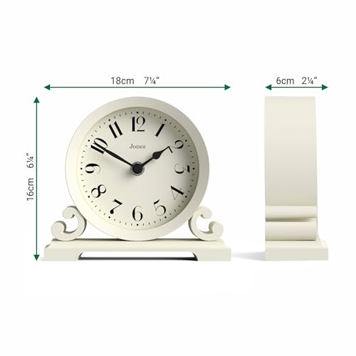 JONES CLOCKS® Saloon Mantel Clock | Small Traditional Double Scroll Design | Pale Cream | Contemporary Classic Style for Desk, Table, Shelf or Bedside - color: Linen White