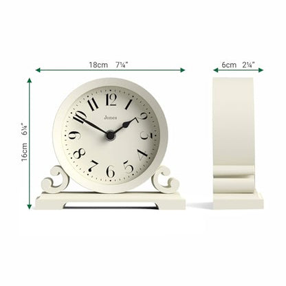 JONES CLOCKS® Saloon Mantel Clock | Small Traditional Double Scroll Design | Pale Cream | Contemporary Classic Style for Desk, Table, Shelf or Bedside - color: Linen White