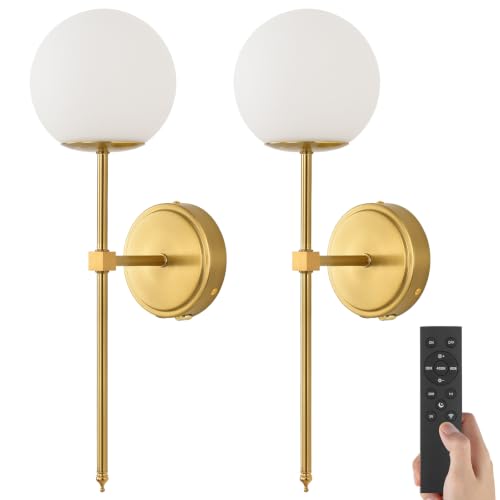 Globe Battery Operated Sconce Set of 2 with Clear Glass Lampshade - color: Gold- Frosted White