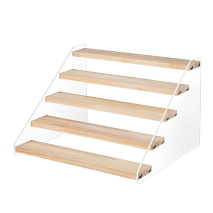 5 Tier Acrylic Wooden Display Stand, Clear Acrylic Display Riser Shelf Wood Tiered Display Shelf Rack Step Ladder Riser Stands for Cupcakes Perfumes Figures Collectibles