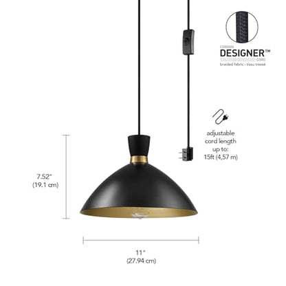Globe Electric 1-Light Plug-in Pendant Light, Matte Black Shade with Brass Interior, in-Line Switch, Modern Kitchen Island or Living Room Lighting - color: Matte Black