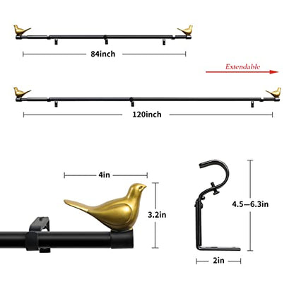 3/4" Diameter Farmhouse Single Window Treatment Curtain Rod, Gold Bird Finials (84"-120", Black Rod) - color: Black with Gold Finial, size: 84"-120"