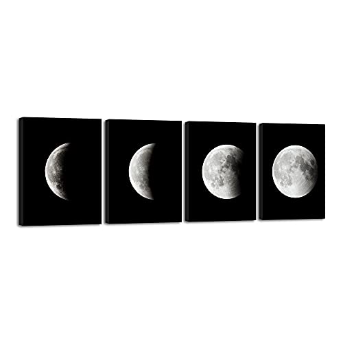 Wieco Art Eclipse of the Moon Modern Canvas Prints Wall Decorations for Living Room Abstract Space Black and White Pictures to Photo Paintings on Canvas Wall Art for Home Decorations Wall Decor - size: 12x16inchx4pcs (30x40cmx4pcs)