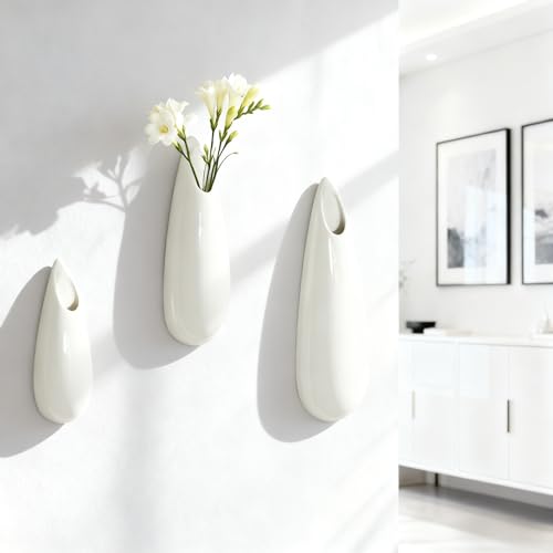 White Ceramic Wall Vases, Set of 2, 12 Inch, Teardrop Design - color: 3pcs-small&medium&large