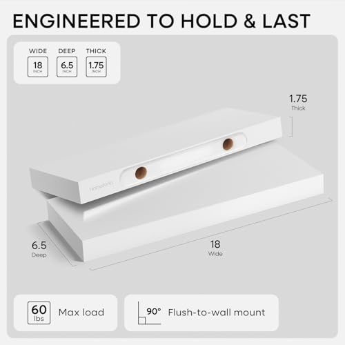 Homeforia 18 Inch Floating Shelves, High-End Solid Pine Wood, Set of 2 - color: Classic White - Soft Neutral Satin, size: 18 inch