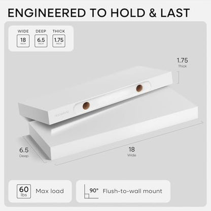 Homeforia 18 Inch Floating Shelves, High-End Solid Pine Wood, Set of 2 - color: Classic White - Soft Neutral Satin, size: 18 inch
