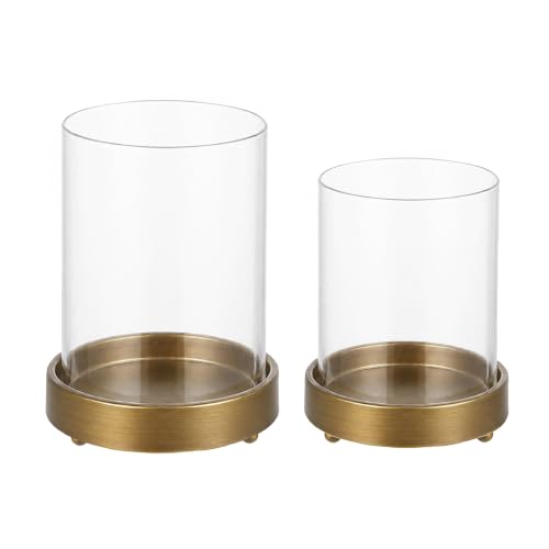 Set of 2 Glass Hurricane Candle Holders for Pillars with Minimalism Metal Base in Antique Brass, Glass Candle Holder, Centerpiece, for Weddings, Dinner Parties, Dining Tables, Console Tables, Mantels - color: Antique Brass, size: Set of 2 Minimal Base