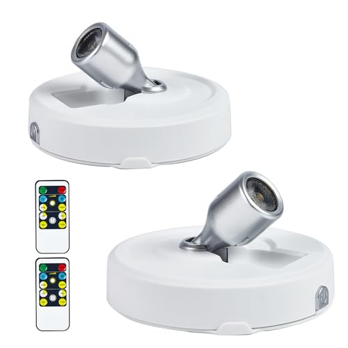 2-Pack LED Spotlight Battery Operated Picture Lights, Puck Lights with 2 Remote, Dimmable Stick Spot Lights with Timmer for Wall Display Painting Dartboard Artwork Accent Closet - color: White Silver