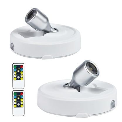 2-Pack LED Spotlight Battery Operated Picture Lights, Puck Lights with 2 Remote, Dimmable Stick Spot Lights with Timmer for Wall Display Painting Dartboard Artwork Accent Closet - color: White Silver