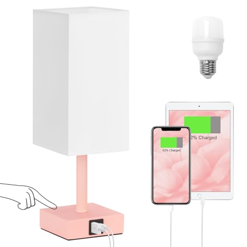 Touch Table Lamp for Bedroom - Dimmable, USB C+A, White Lamphade Pink Base - color: White & Pink