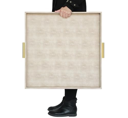 HofferRuffer Extra Large Square Serving Tray, Elegant Faux Leather Ottoman Tray with Gold Hardware Handles, Serve Tea, Coffee or Breakfast in Bed, 24 x 24 inches (Light Grey, 24" x 24" x 2") - color: Light Grey, size: 24" x 24" x 2"