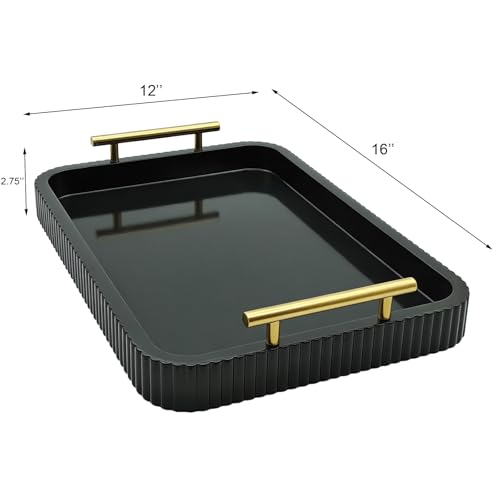 Rectangle Modern Wood Serving Tray with Metal Handles, High Gloss Black Finish, 16x12 Inch Coffee Table Ottoman Tray for Storage and Display (Black) - color: Black