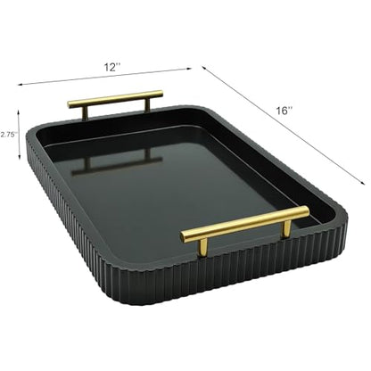 Rectangle Modern Wood Serving Tray with Metal Handles, High Gloss Black Finish, 16x12 Inch Coffee Table Ottoman Tray for Storage and Display (Black) - color: Black