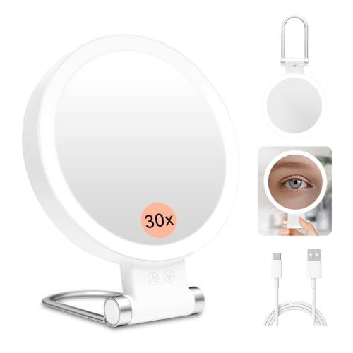 Travel Makeup Mirror with Lights-1/30X Magnifying Rechargeable Double-Sided
