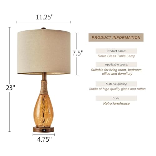 OYEARS 23" USB A+C Table Lamp for Bedroom Living Room Modern Bedside Lamps Retro Farmhouse Rattan Glass Nightstand Nightlight Lamps (Amber),Two Light Points - color: Wood Brown