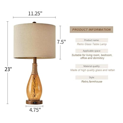 OYEARS 23" USB A+C Table Lamp for Bedroom Living Room Modern Bedside Lamps Retro Farmhouse Rattan Glass Nightstand Nightlight Lamps (Amber),Two Light Points - color: Wood Brown