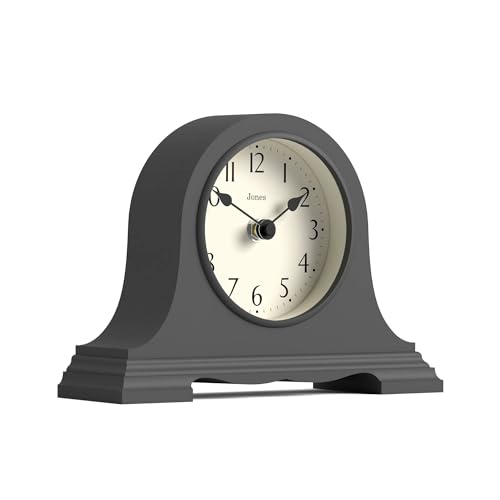 JONES CLOCKS® Speakeasy Small Mantel Clock | Classic Napoleon’s hat Design | Dark Gray | Contemporary Classic Style for Desk, Table, Shelf or Bedside - color: Blizzard Grey