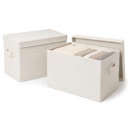 2-Pack Fabric Storage Bins with Lids 14.6 * 10.6 * 10.2 in，Off White - size: 14.6 x 10.6 x 10.2 in