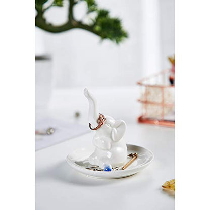 HOME SMILE Elephant Ring Dish Holder for Jewelry,Elephant Gifts for Women Chritsmas,Engagement Wedding Trinket Trays,Ceramic White - style: Elephant