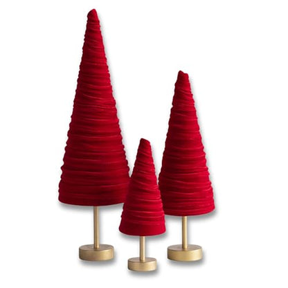 Red Velvet Pedestal Trees Set of 3, Made in USA, Classic Valentine Tabletop, Elegant Mantel Decor, Winter Wedding Centerpiece, Office Bookshelf (Red) - color: Red