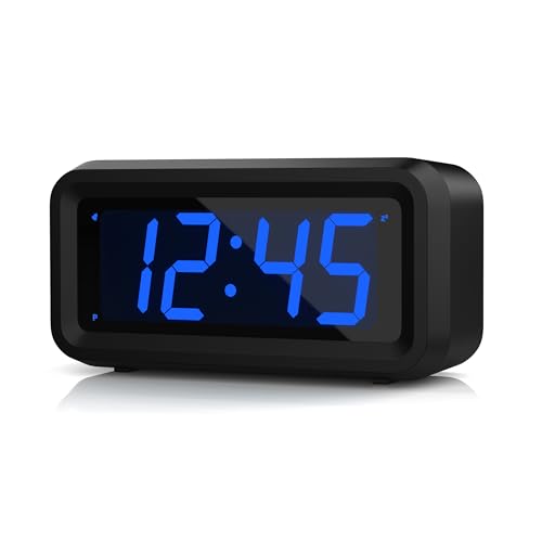 KWANWA Small Digital Alarm Clock, 1.2inch Dark Blue LED Digits, Adjustable Brightness, Dim Night Model, 12H/24H, Battery Operated, Wall Mount, Snooze, Clock for Kids Bedroom, Small Travel Clock - color: Black Case-dark Blue Led