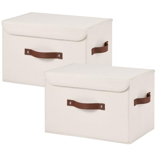 2PCS Storage Bins Boxes with Lids Decorative Fabric Baskets | Foldable Washable Stackable Lidded Clothing Container, Shelf Closet Organizer, w/ PU Leather Handles & PP Boards, Beige-Large - color: Beige, size: Large ( Pack of 2 )