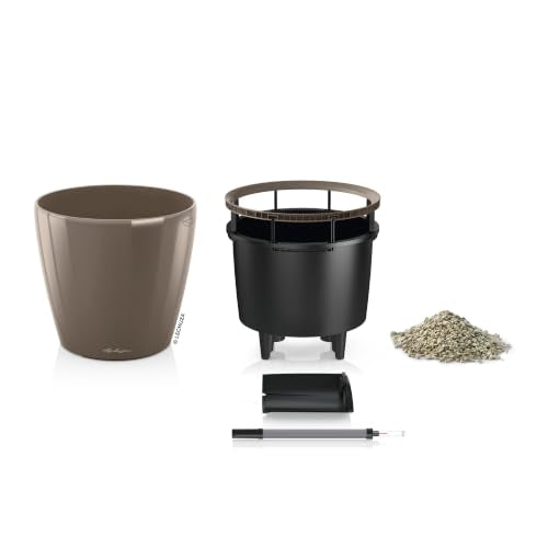 Lechuza Classico LS 21 Shiny Taupe High Gloss, Self-Watering Round Planter, D8.3 H7.9 in - color: Shiny Taupe, size: D21 H20 cm