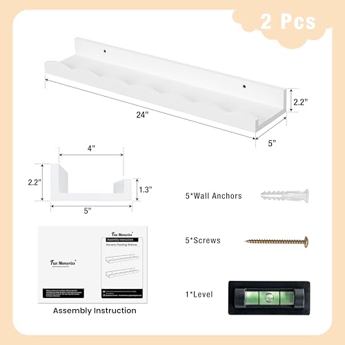 Fun Memories Picture Ledge Shelf for Wall, 24 inch Pine Wood Nursery Book Shelves Set of 2- Wall Book Shelves for Kids Room, Home Decor - Kitchen Spice-White - color: White, size: 24", Set of 2
