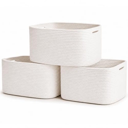 OrganiHaus Cotton Rope Baskets for Shelves, Set of 3, 15x9x10 - color: Full Off-White