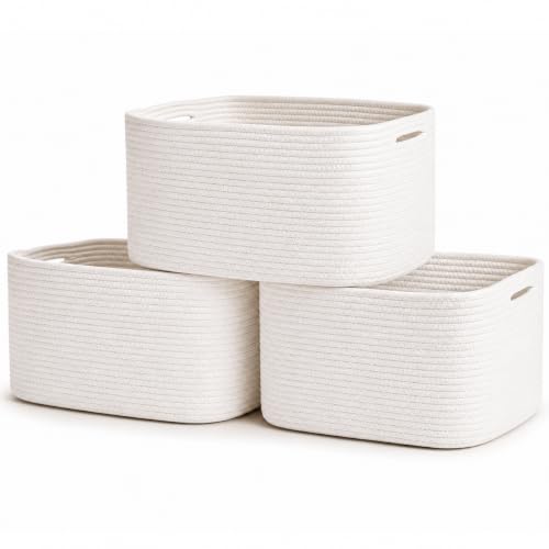 OrganiHaus Cotton Rope Baskets for Shelves, Set of 3, 15x9x10 - color: Full Off-White